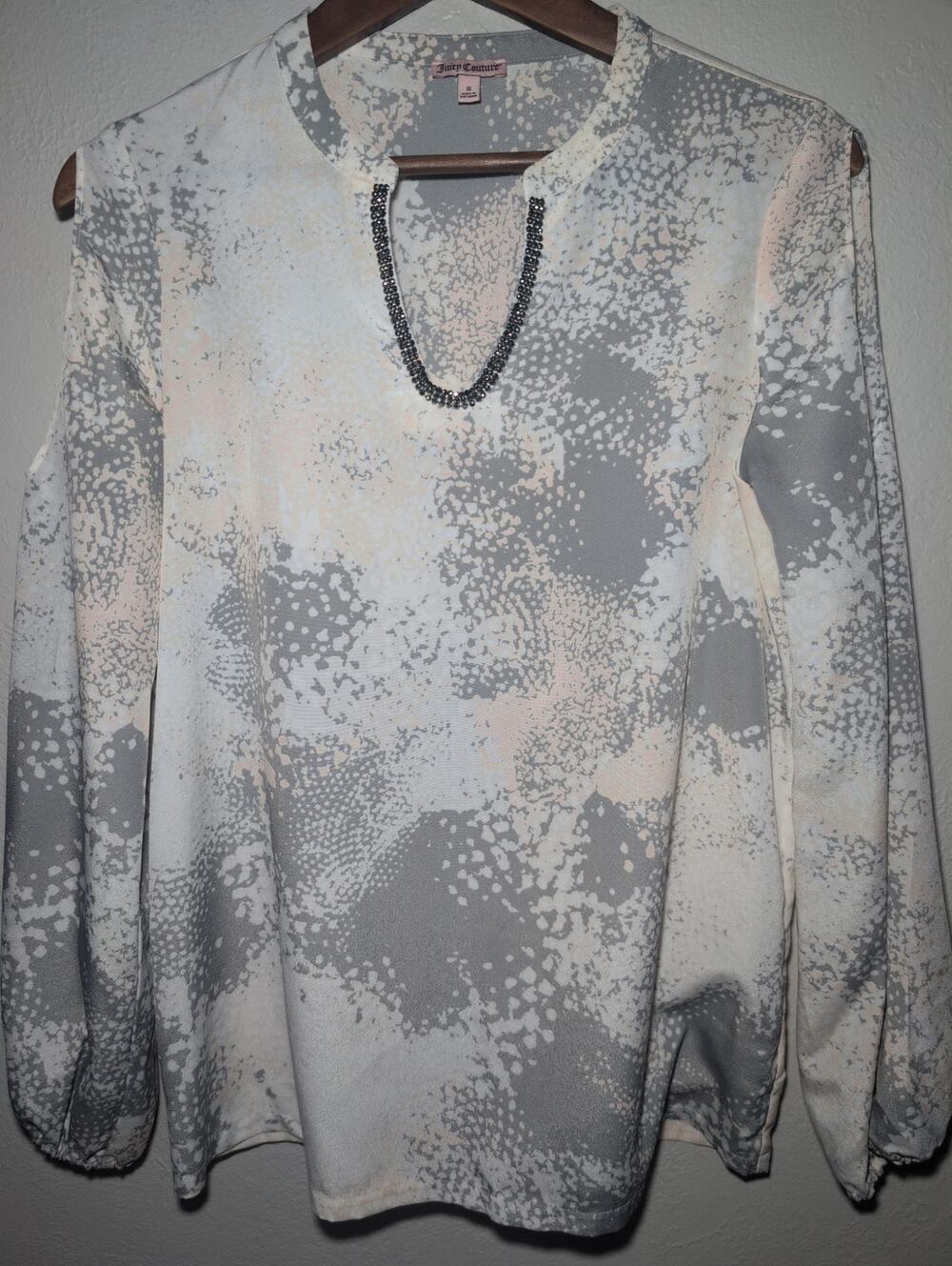 Juicy Couture Blouse Womens Pink/Grey Cold Shoulder Tunic Long Sleeve Bling